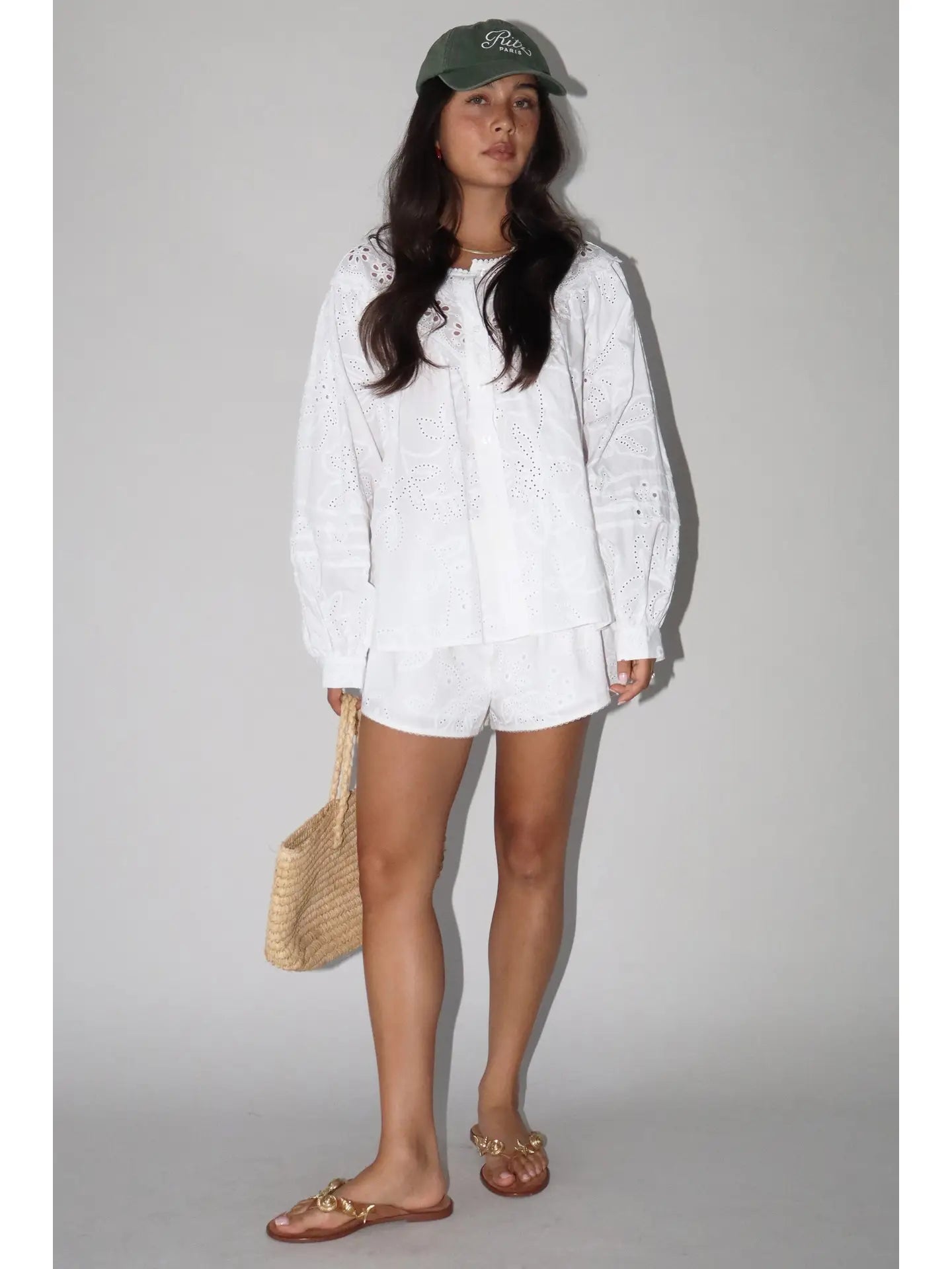 SauvyB Eyelet Long Sleeve Blouse - WHITE