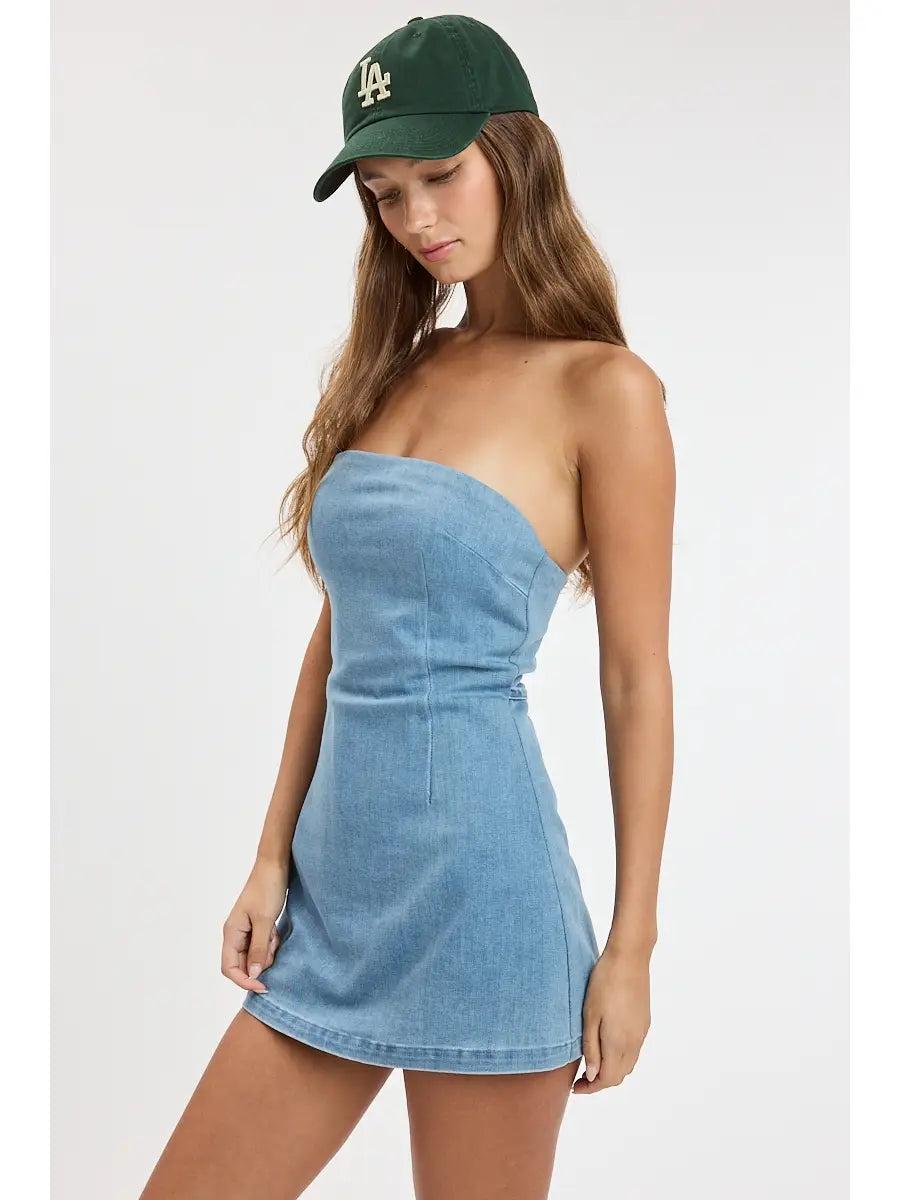 Game Day Denim Mini Dress - Light Blue