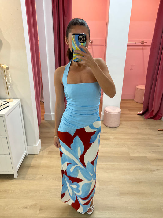 EVIE HALTER RUCHED MIDI DRESS - AMOREE RED