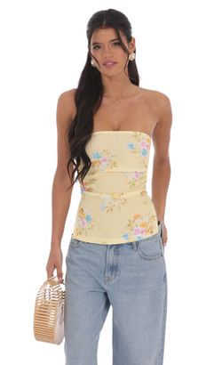 Sadie Floral Strapless Top- Yellow