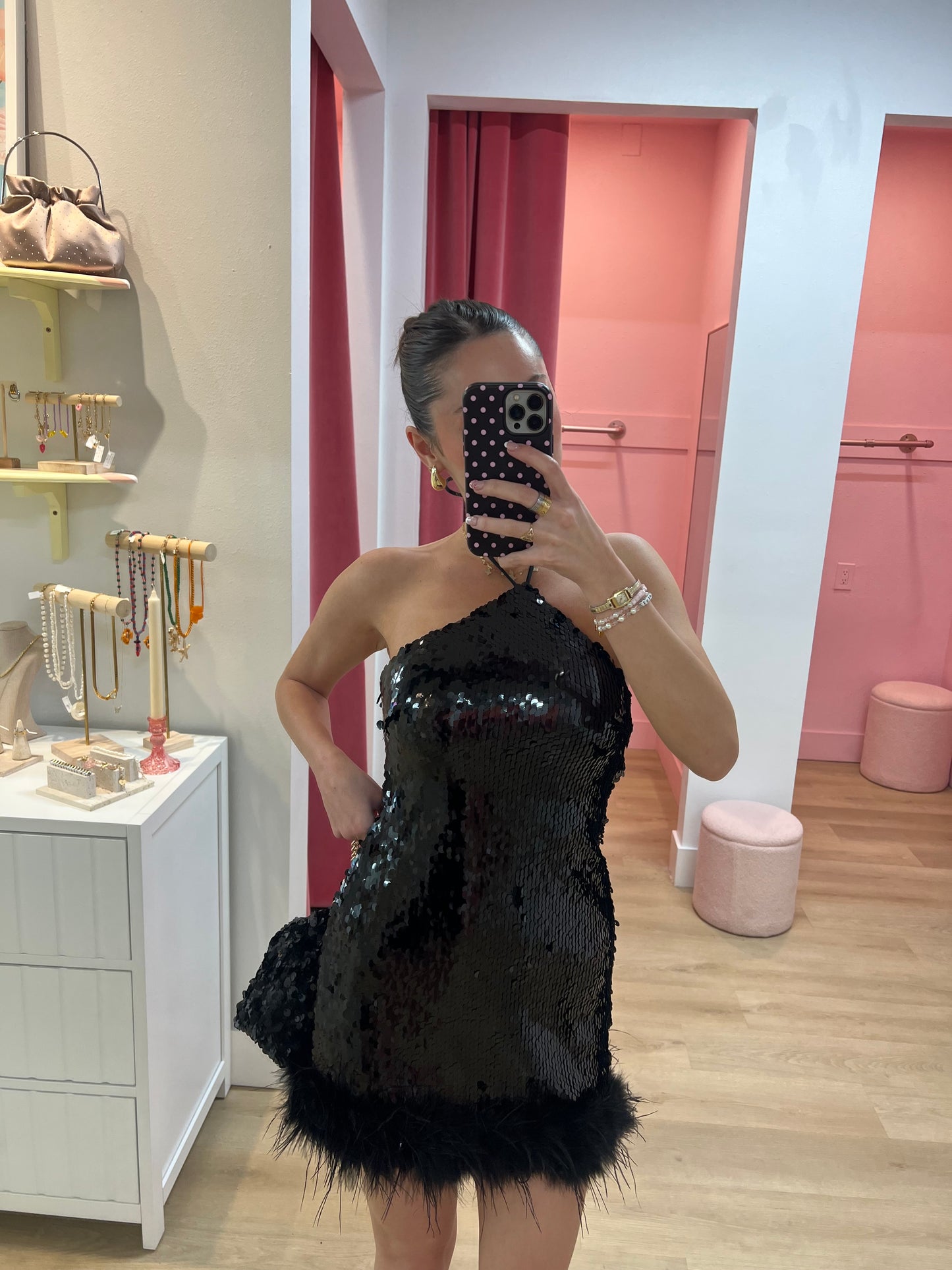 NICOLA FAUX FUR MINI DRESS - Black