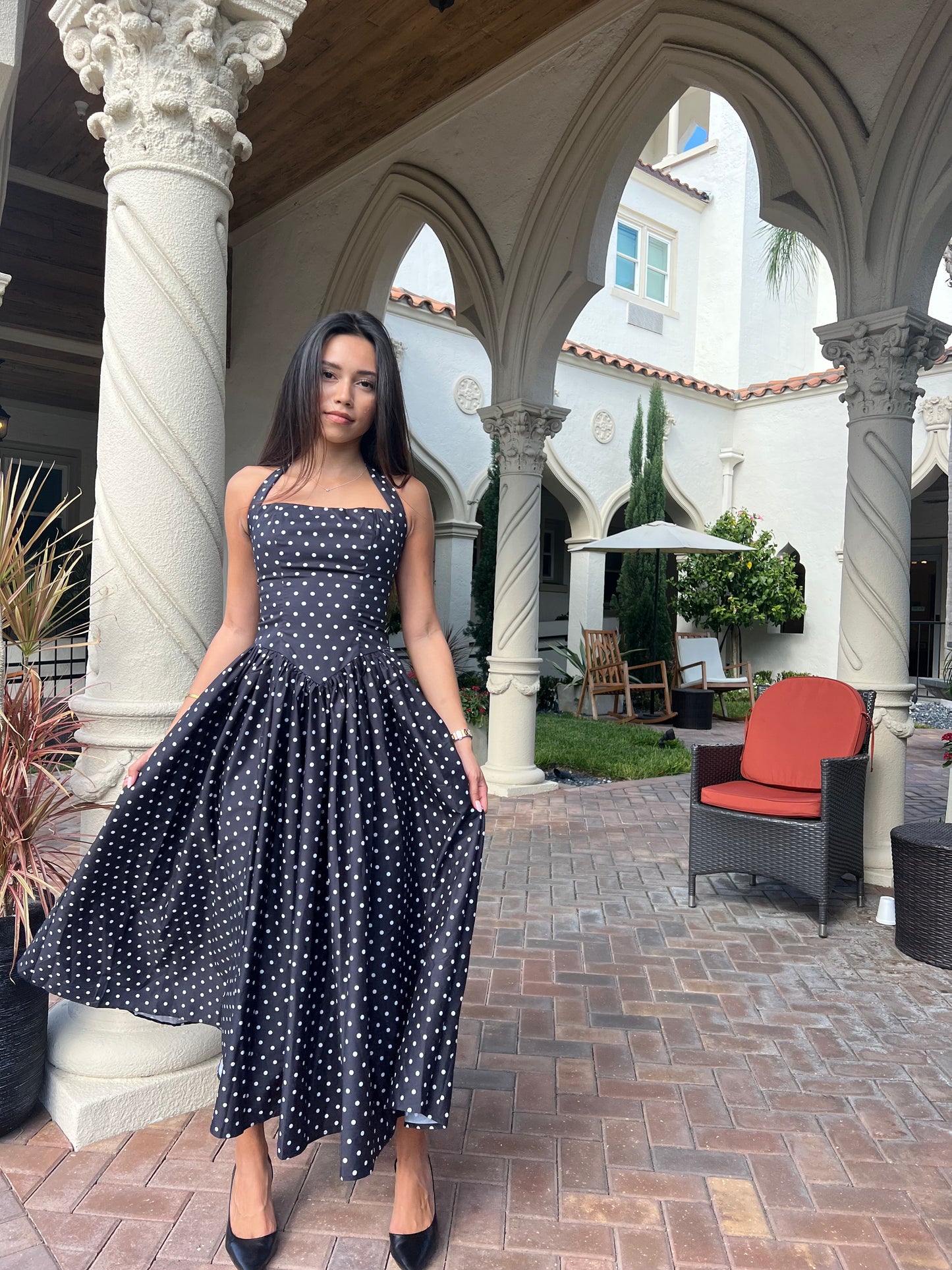 Tatum Polka Dot Halter Midi Dress - Black