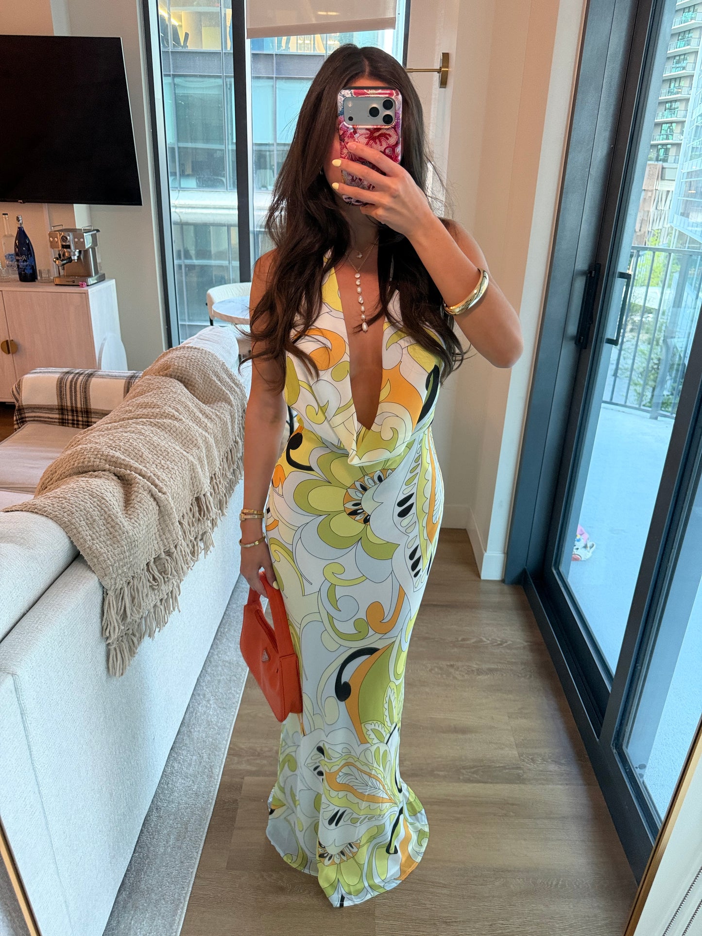 Serafina Plunge Halter Maxi Dress- Pelicano Multi