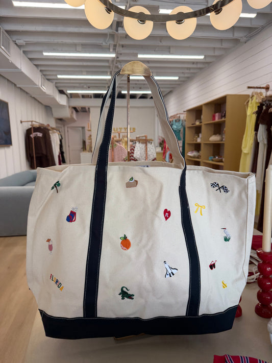 Large Navy- Florida Icons Canvas Icons Embroidered Tote
