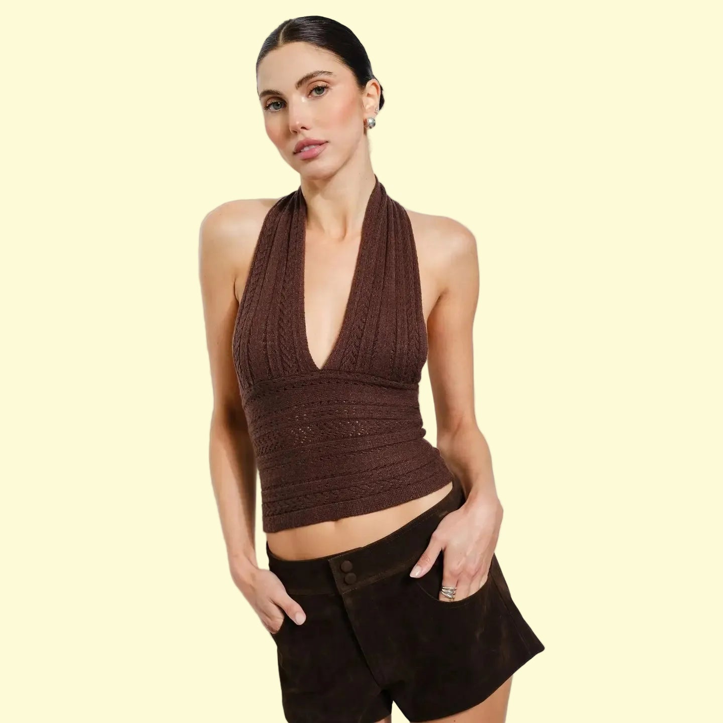 Lucia Cable Knit Halter Top - BROWN