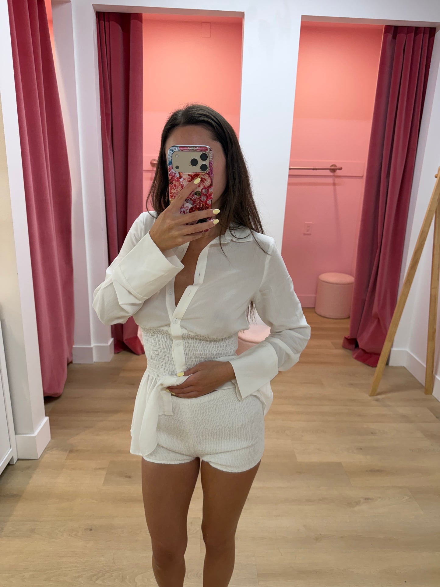 Mae Long Sleeve Shirred Shirt - WHITE