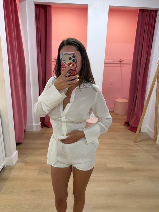 Mae Long Sleeve Shirred Shirt - WHITE