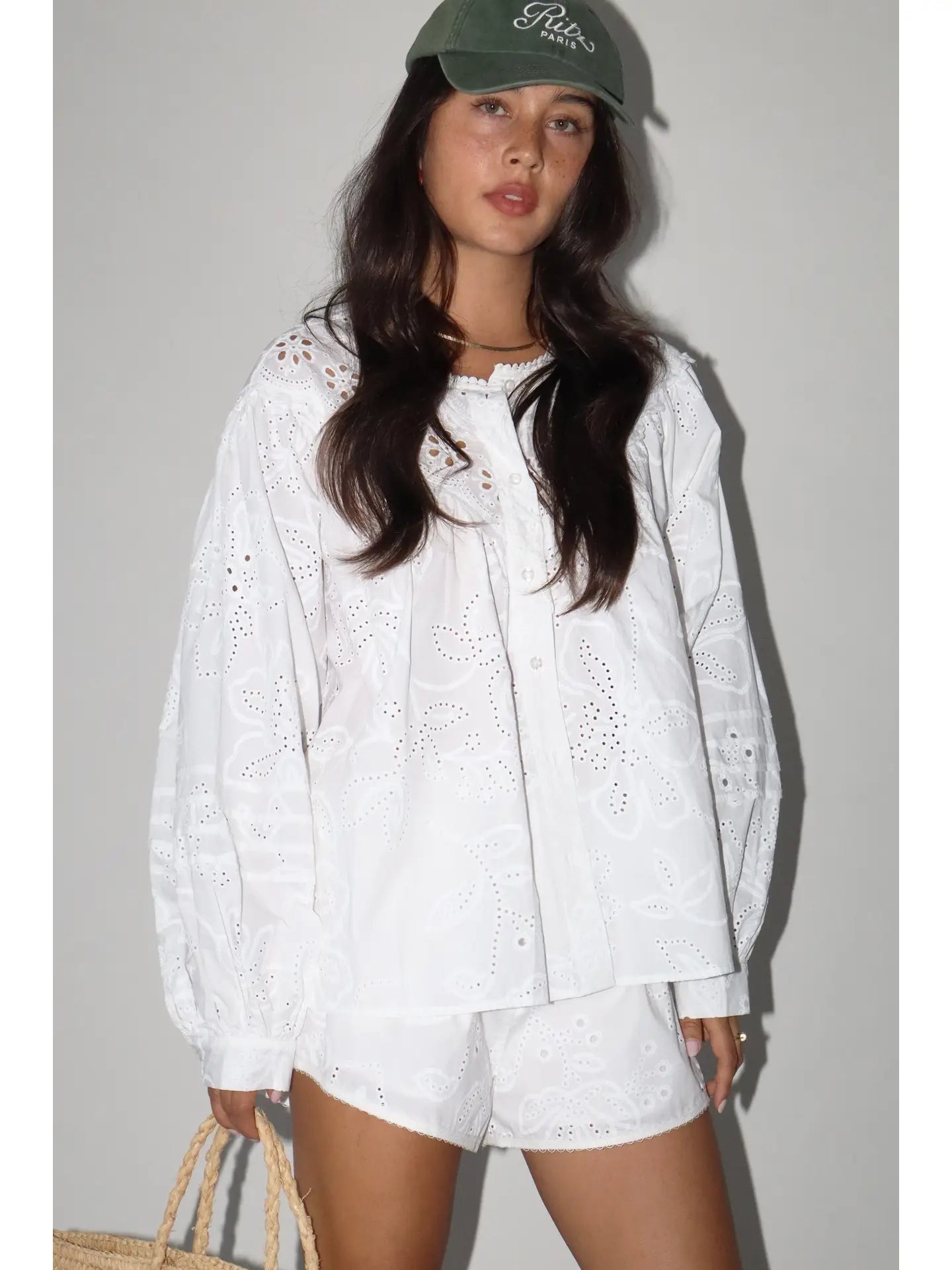 SauvyB Eyelet Long Sleeve Blouse - WHITE