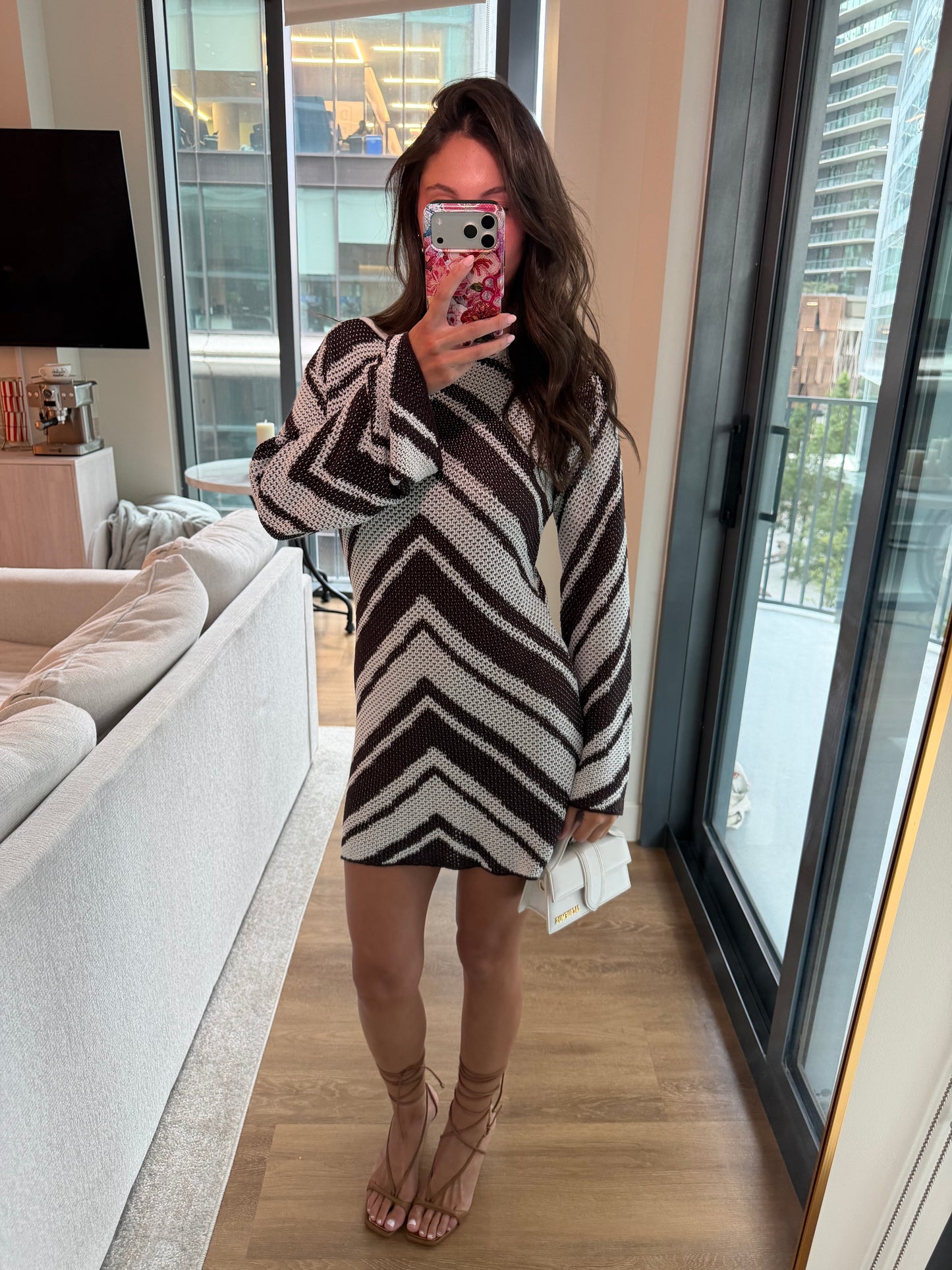MAZIE LONG SLEEVE KNIT MINI DRESS - CHOCOLATE/BUTTER CREAM