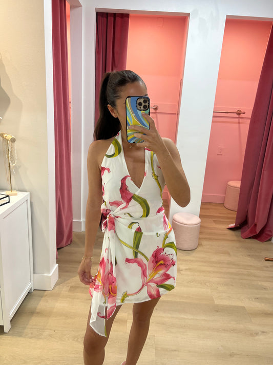 ZIA HALTER FAUX WRAP MINI DRESS - CELINA PINK