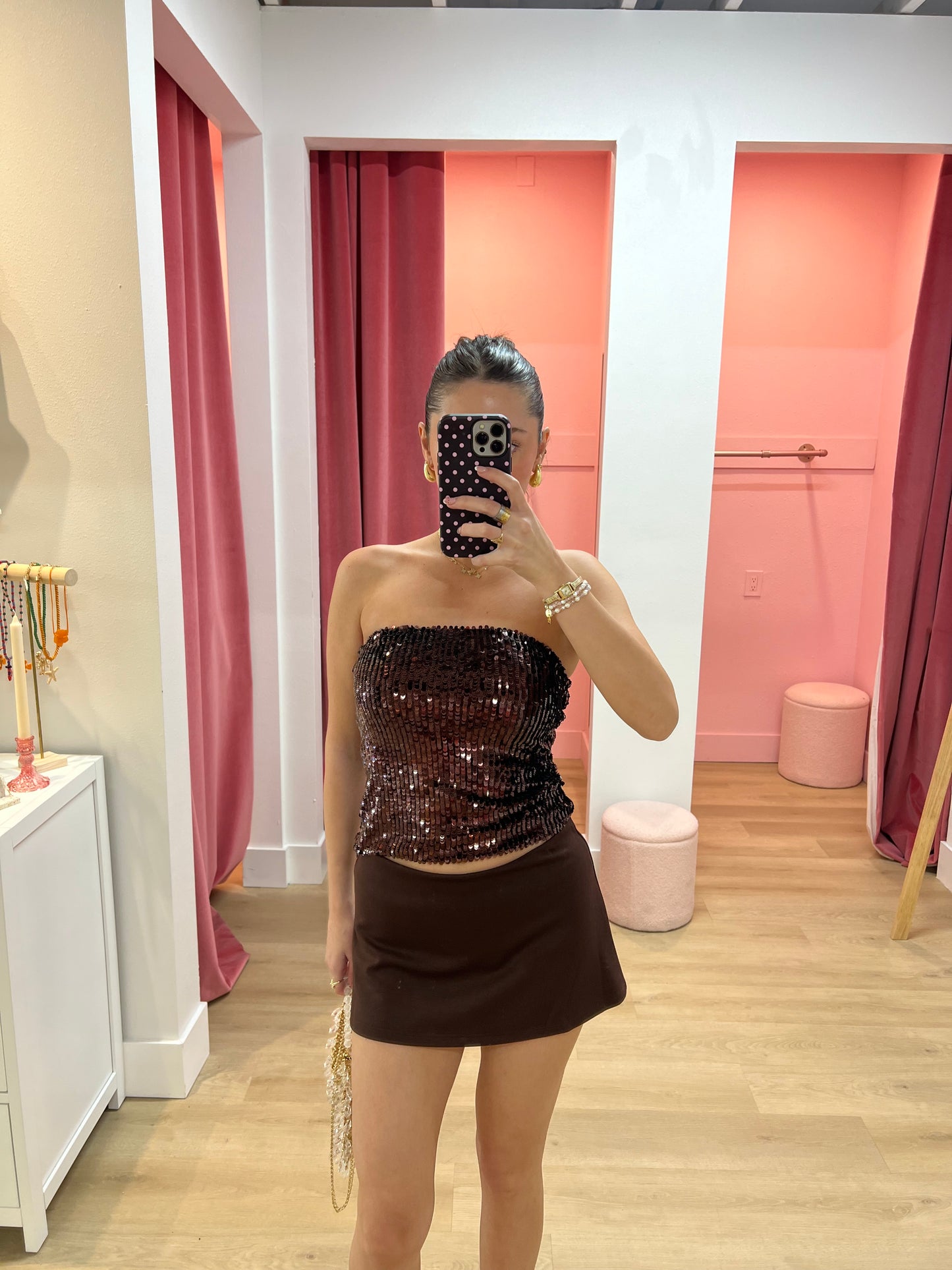 ANETTE STRAPLESS SEQUIN BUSTIER - CHOCOLATE
