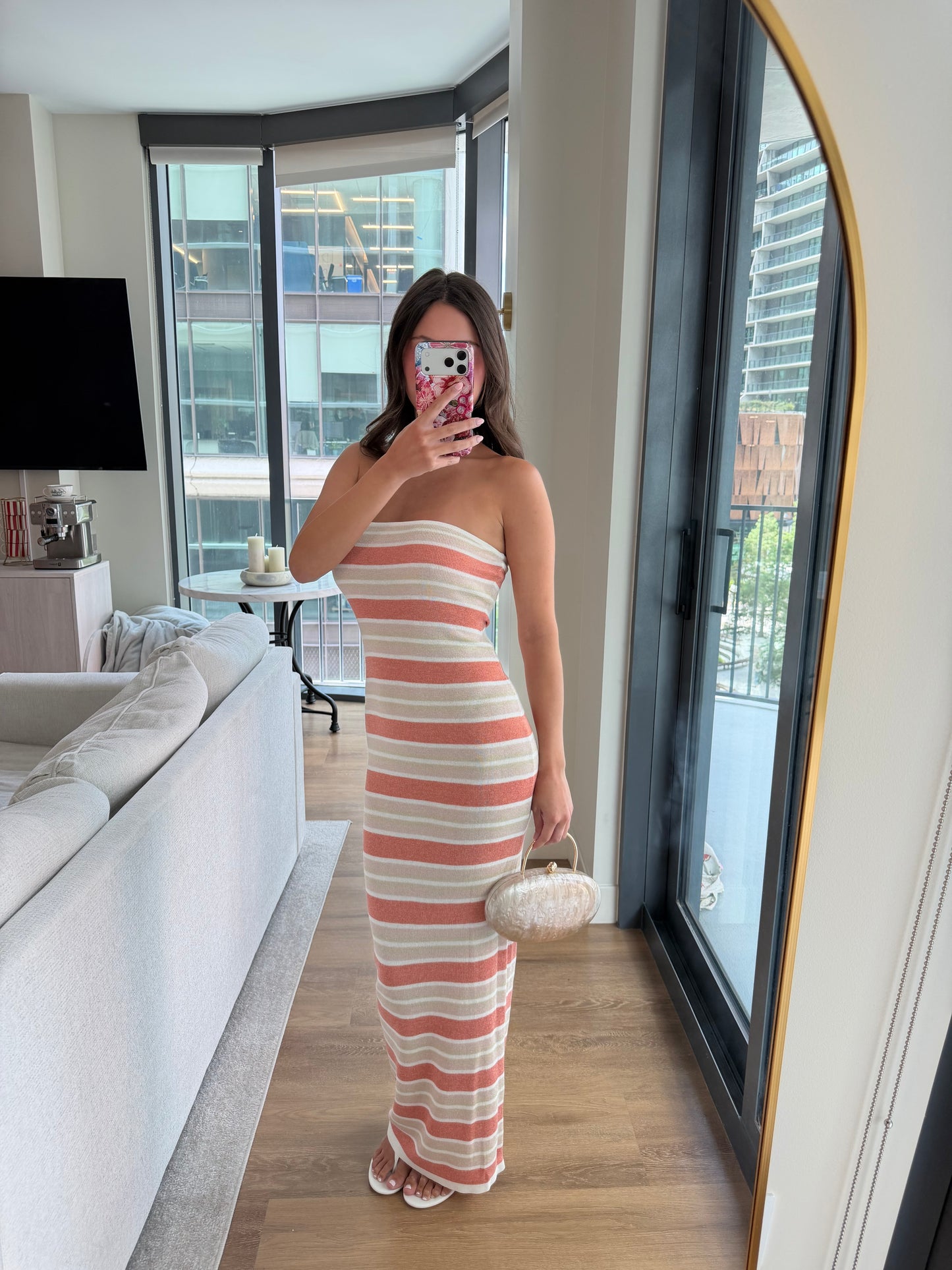 Celia Shimmer Dress - PEACH STRIPE