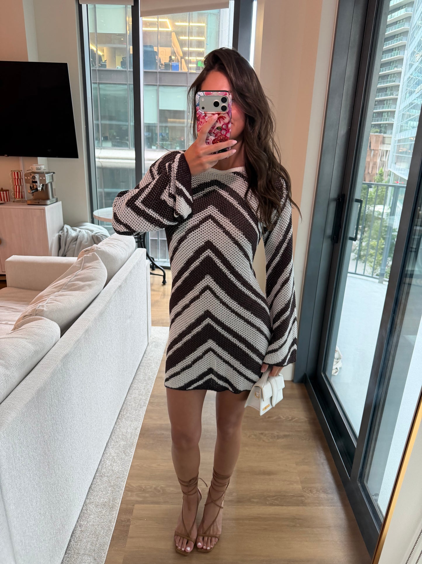 MAZIE LONG SLEEVE KNIT MINI DRESS - CHOCOLATE/BUTTER CREAM