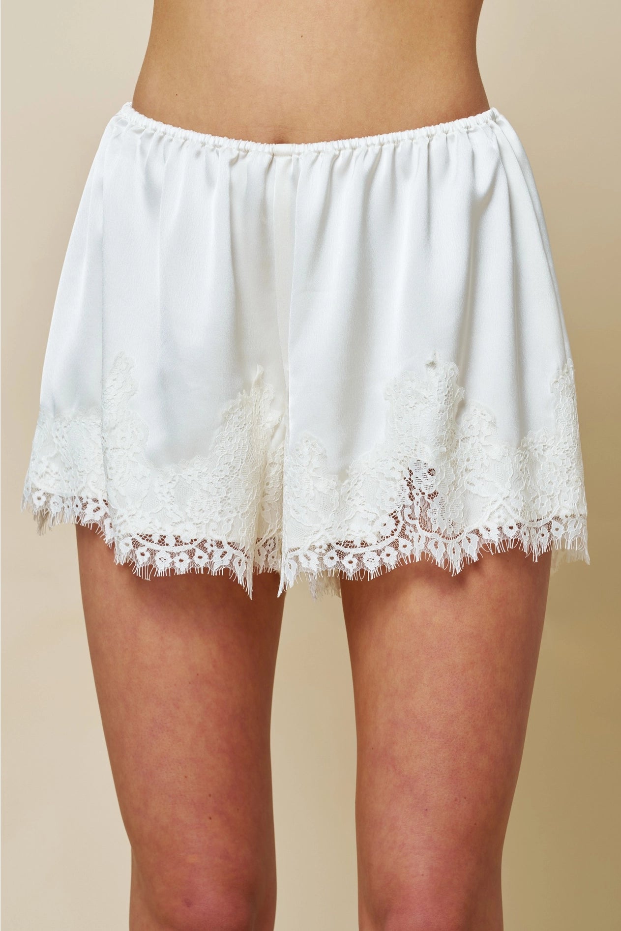 Collins Satin Lace Trim Shorts - White
