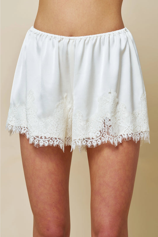 Collins Satin Lace Trim Shorts - White