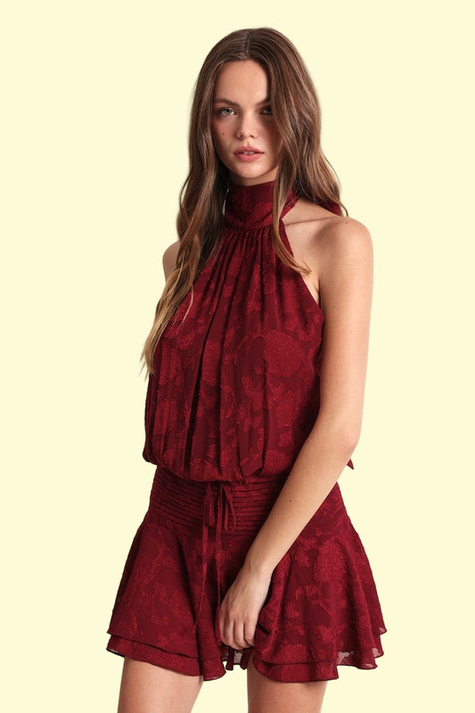 Autumn Waist Tie Backless Mini Dress - Burgundy