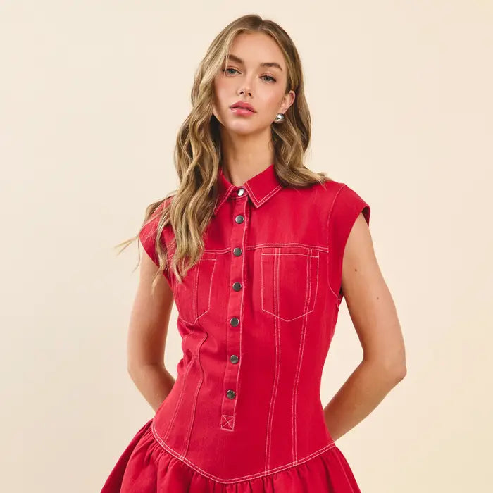 Raelynn Sleeveless Red Denim Romper