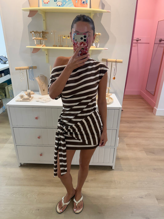 Billie Off Shoulder Mini Dress - Brown