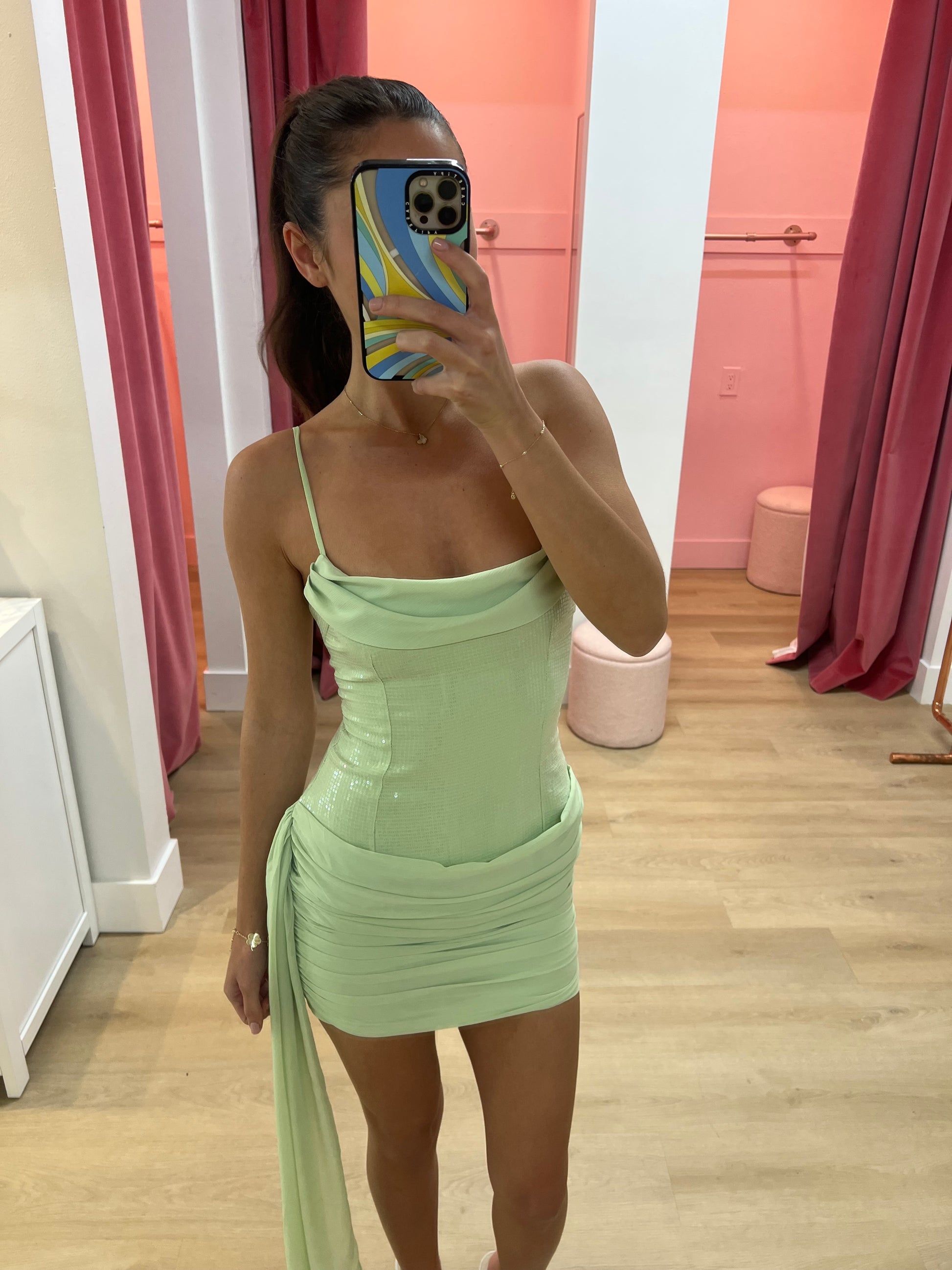 seanna ruched mini dress SEANNA RUCHED SEQUIN MINI DRESS - KEY LIME
