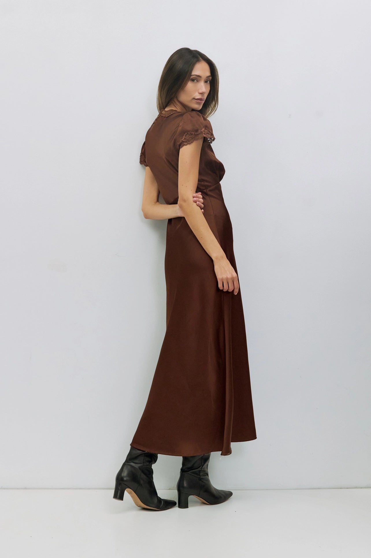 Vivi  Lace Trim Satin Midi Dress