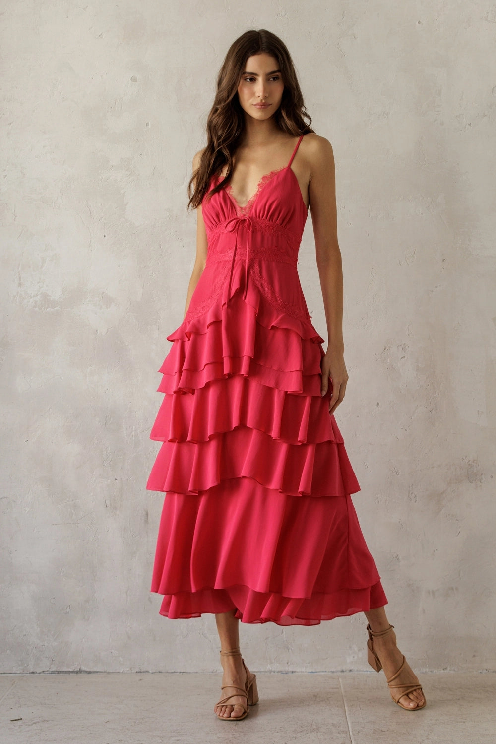 Elodie Lace Trim Tiered Midi Dress