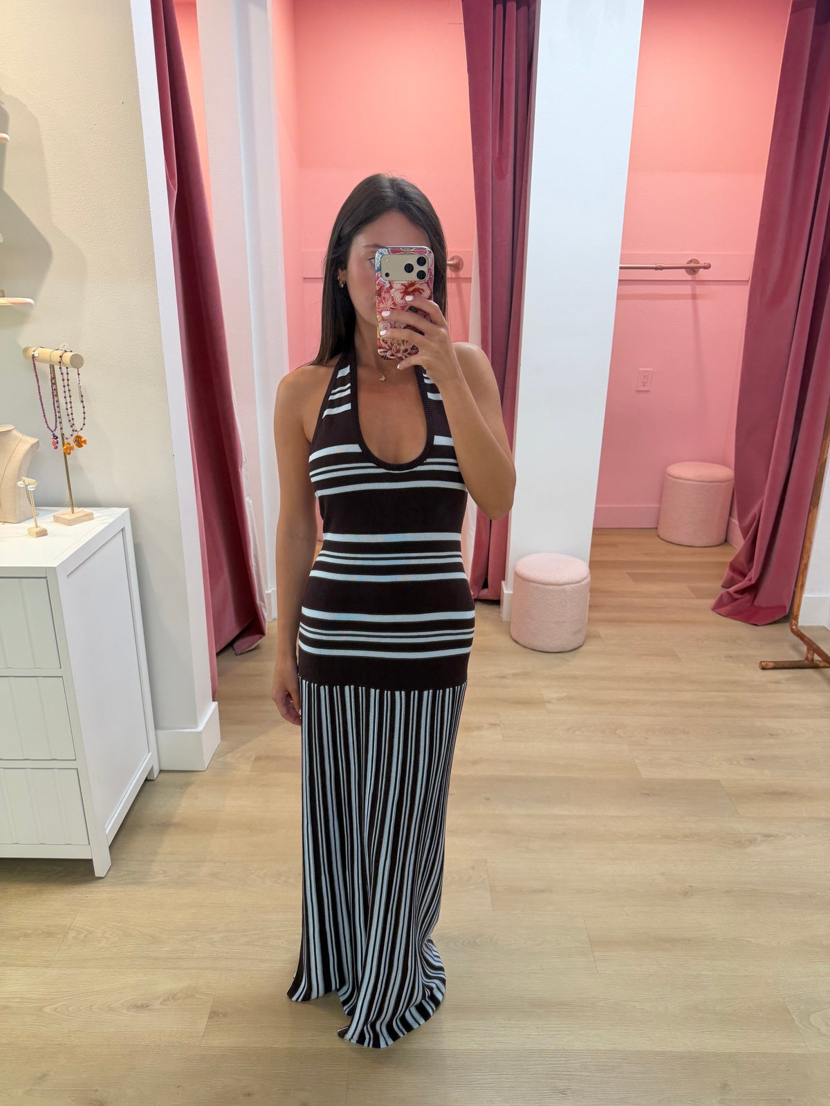 SUKI HALTER MAXI DRESS - CHOCOLATE/BLUE