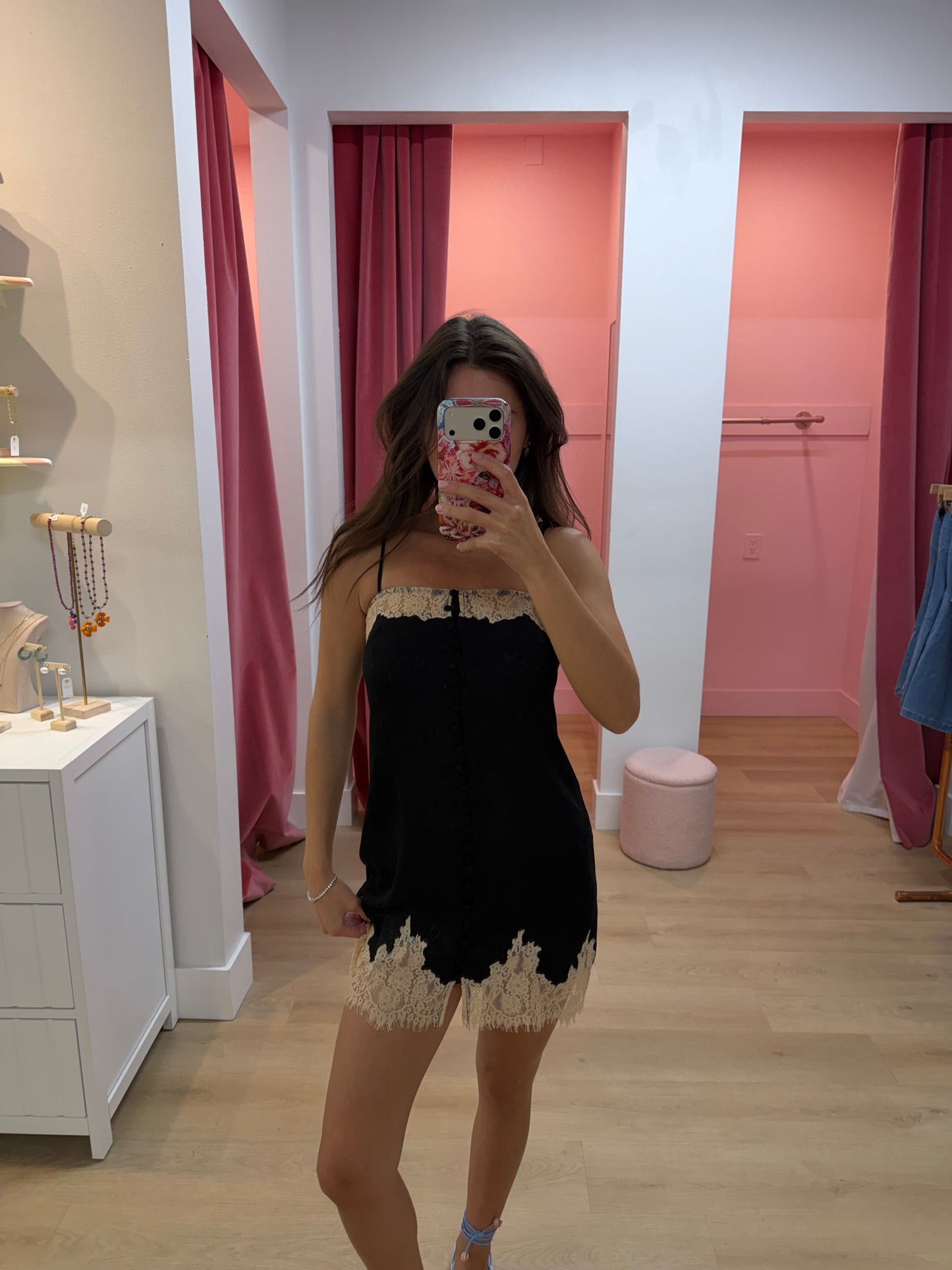 Josie Lace Trim Slip Mini Dress - Black/Cream