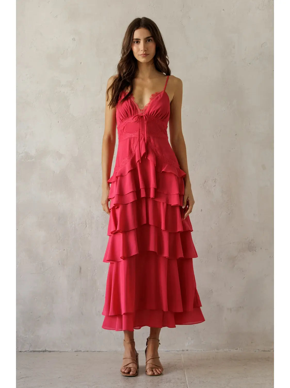 Elodie Lace Trim Tiered Midi Dress