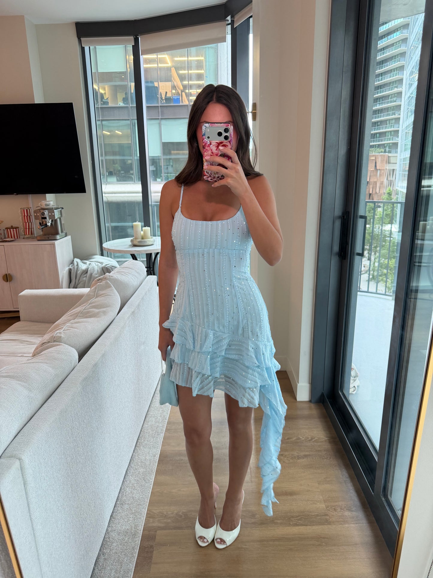 Riviera Asymmetrical Sequin Mini Dress - BLUE