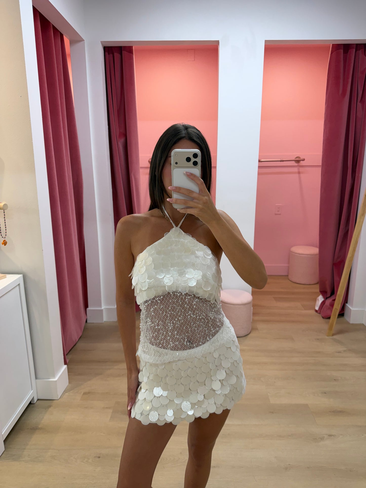 Portofino Pearl Sequin Mesh Halter Top - White
