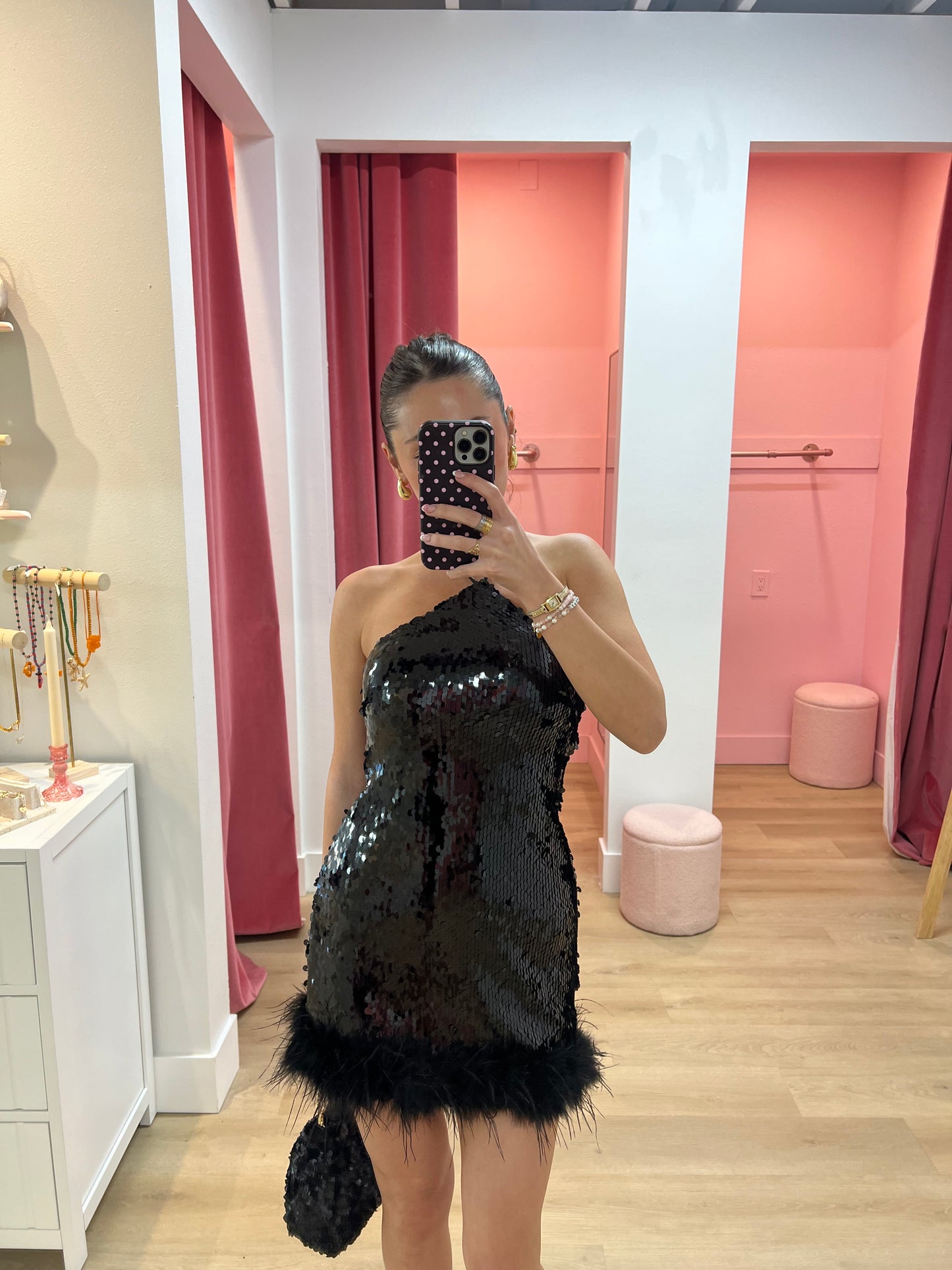 NICOLA FAUX FUR MINI DRESS - Black