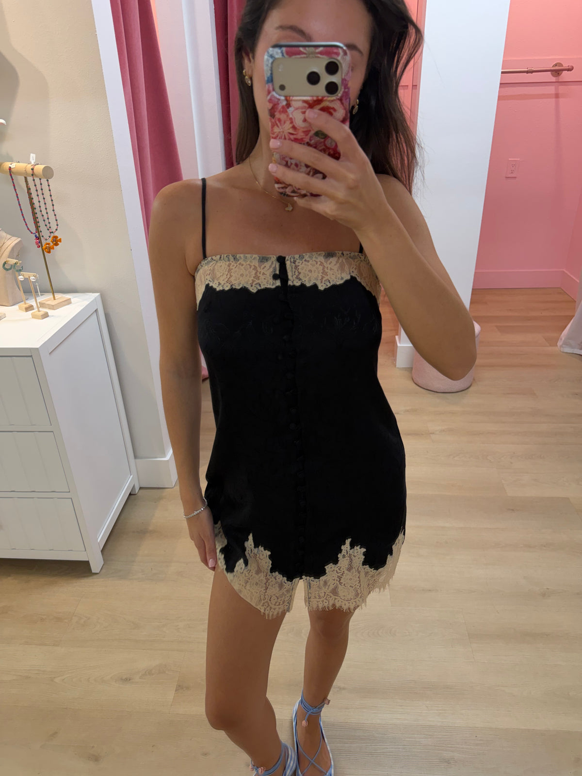 Josie Lace Trim Slip Mini Dress - Black/Cream