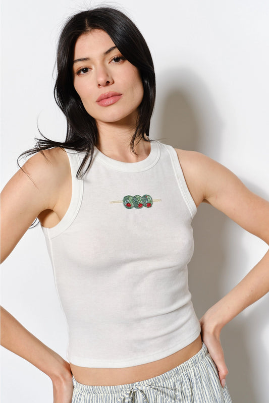 Olive Bead Embroidery Tank