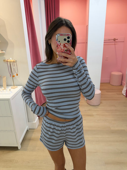 Alicia Stripe Shorts - BLUE/ BROWN