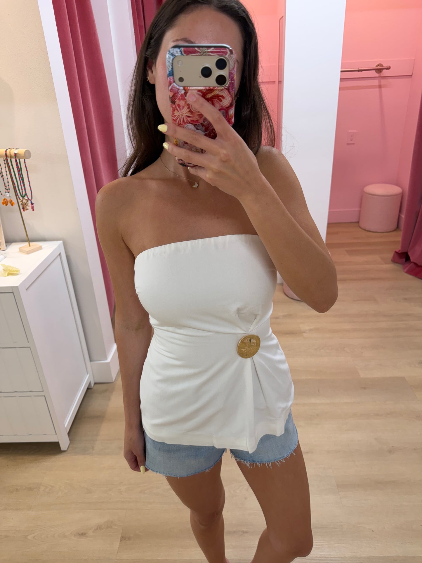 Jessa Strapless Gold Booch Top - WHITE