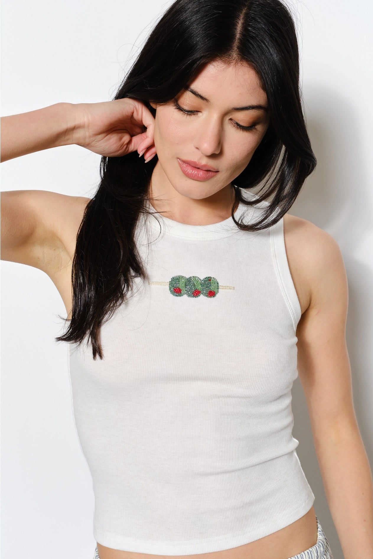 Olive Bead Embroidery Tank