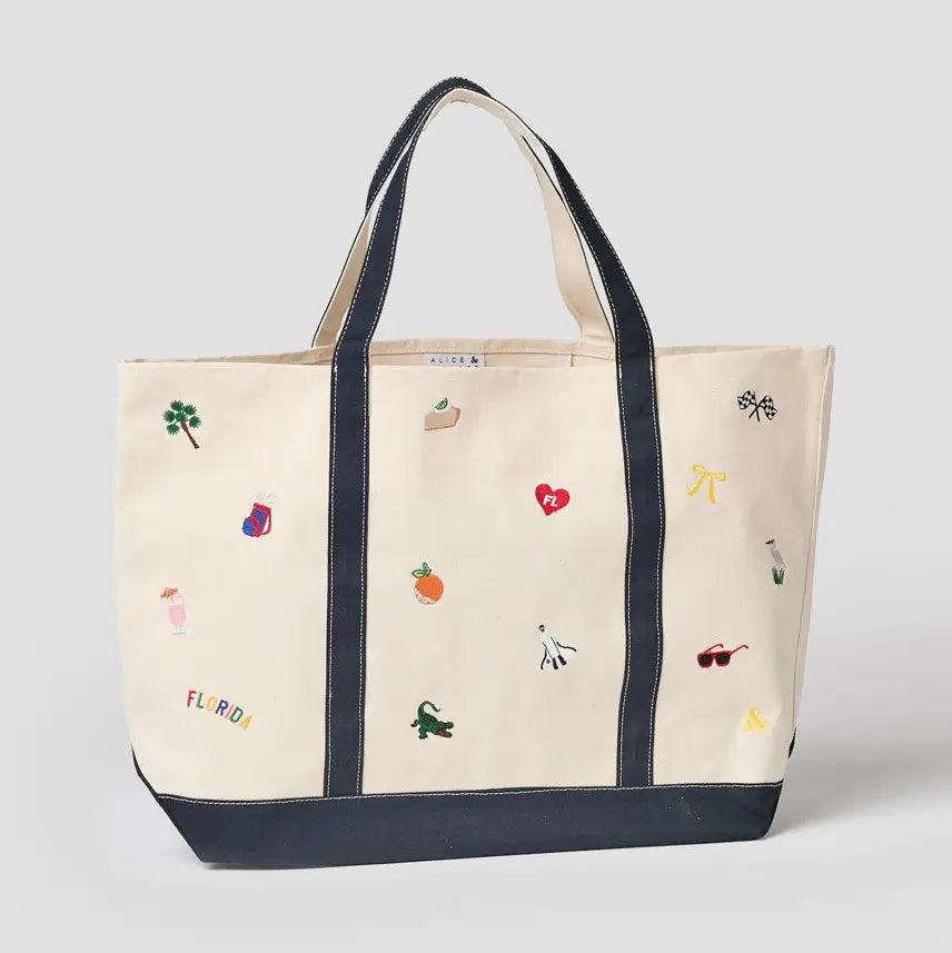 Large Navy- Florida Icons Canvas Icons Embroidered Tote