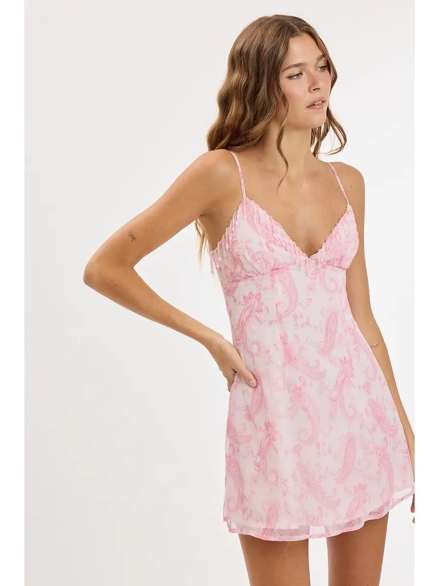 Perry Beading Mini Dress - Pink Paisley