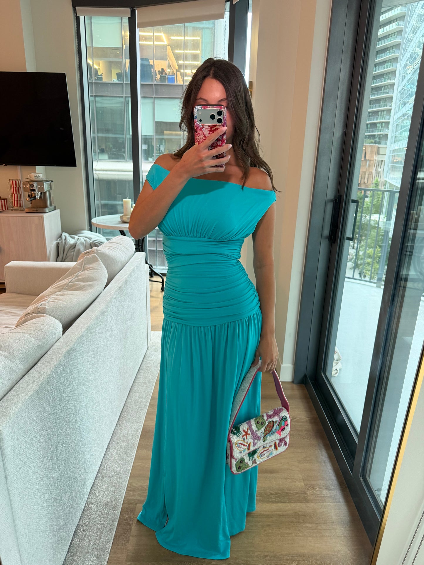 IVA OFF SHOULDER MAXI DRESS - TURQUOISE