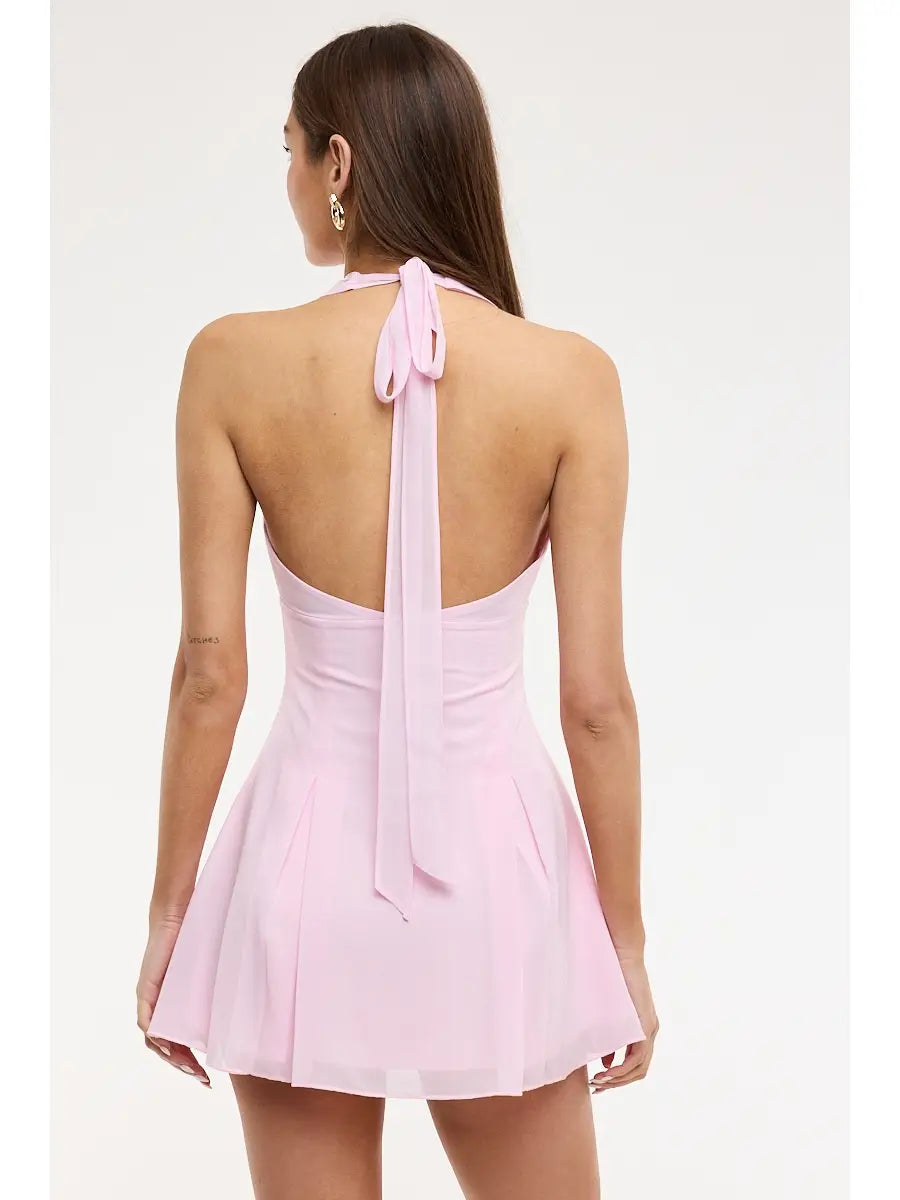 Vivi Halter Tie Mini Dress - PEONY