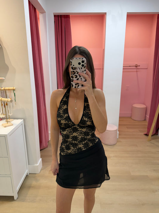 LINA HALTER DRAPED MINI DRESS - BLACK