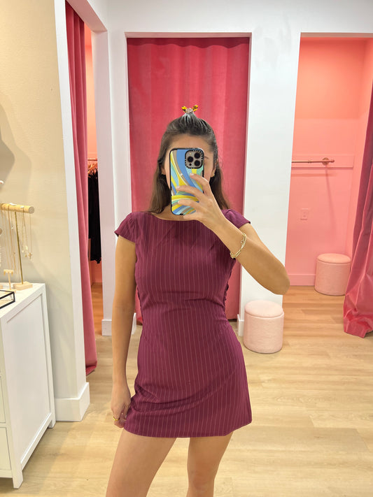 Gemma Pinstripe Back Bow Dress - Wine