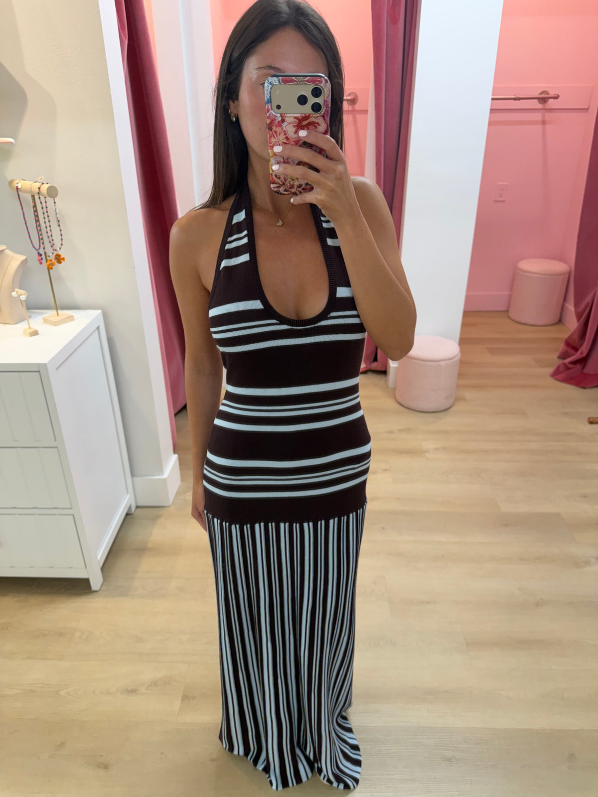 SUKI HALTER MAXI DRESS - CHOCOLATE/BLUE