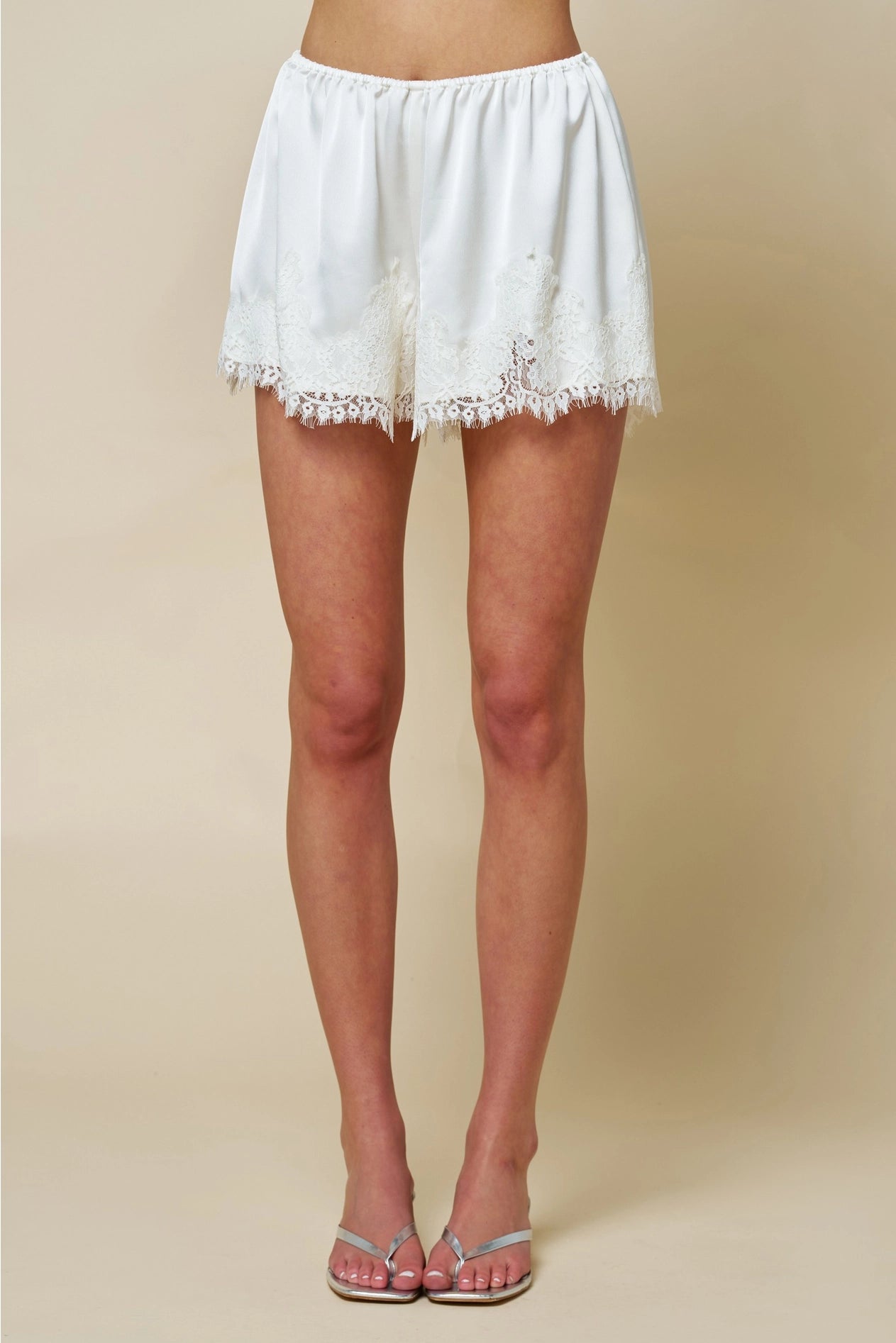 Collins Satin Lace Trim Shorts - White
