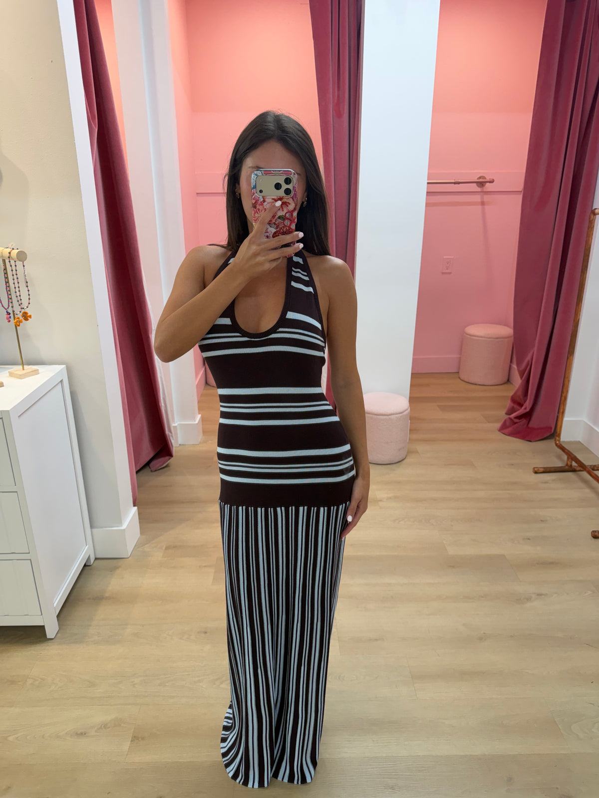 SUKI HALTER MAXI DRESS - CHOCOLATE/BLUE