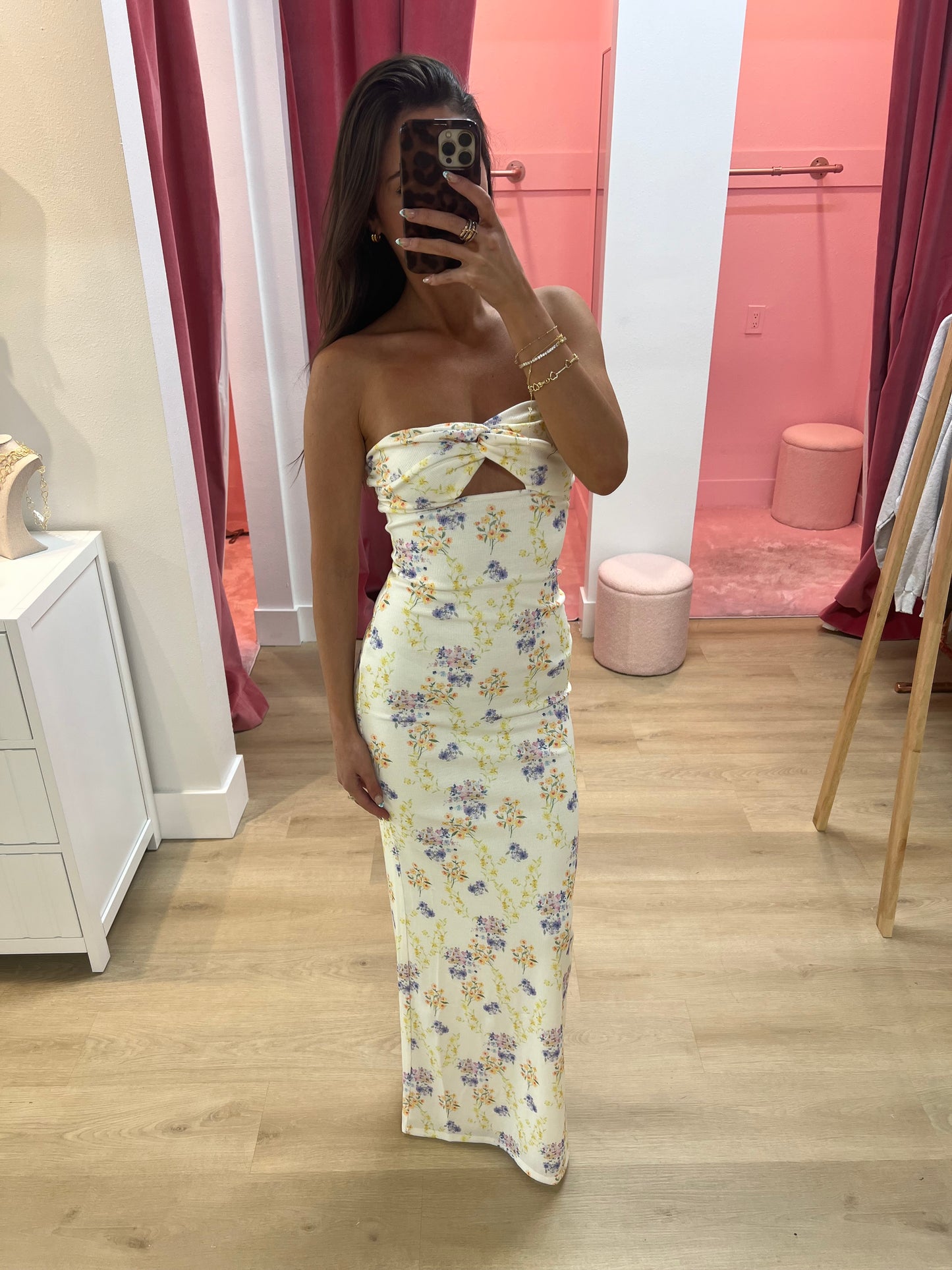 Molly Floral Ribbed Cutout Twist Maxi Dress in Yellow
