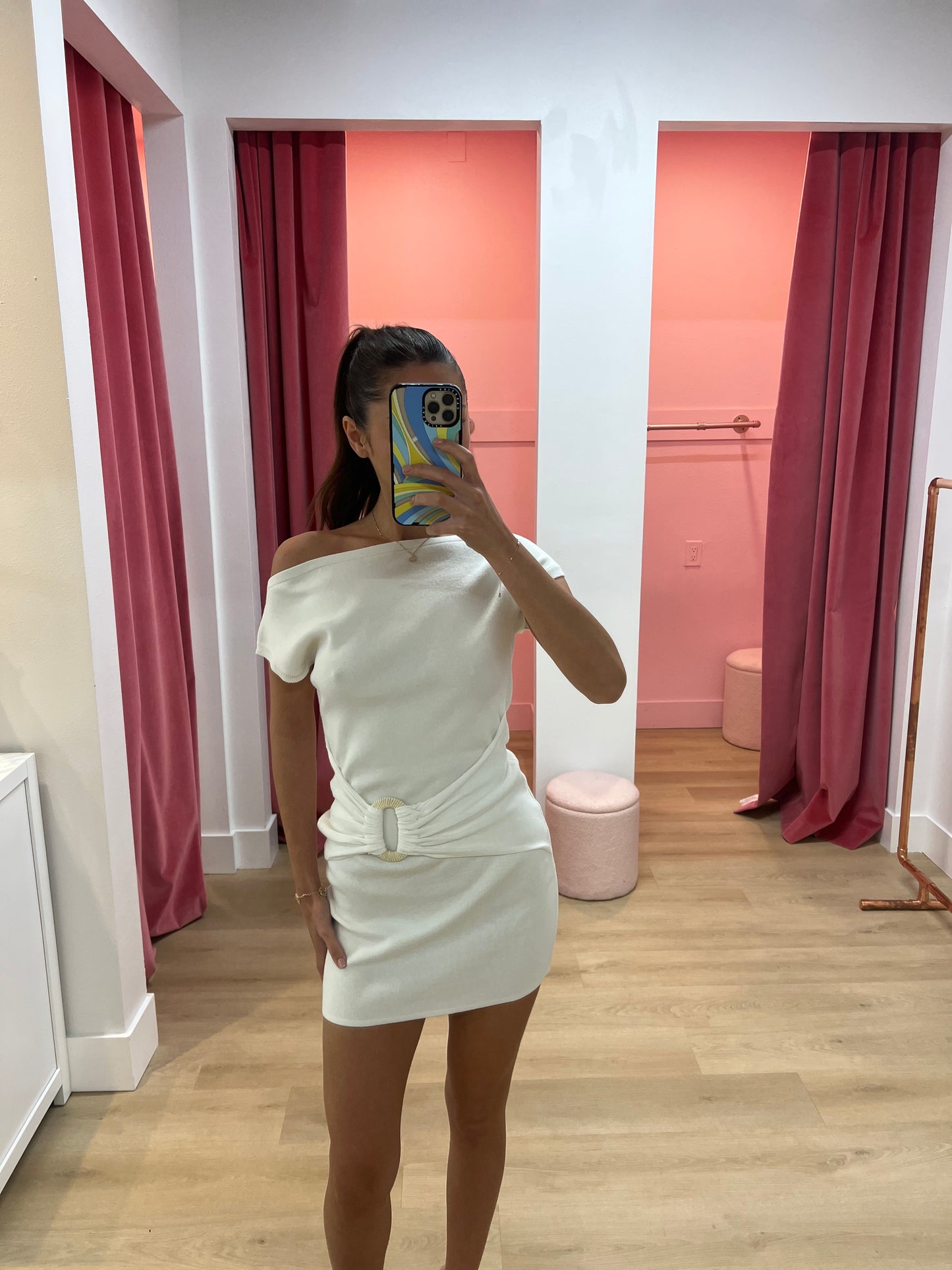 KAMRYN SIDE TIE KNIT MINI DRESS - WHITE