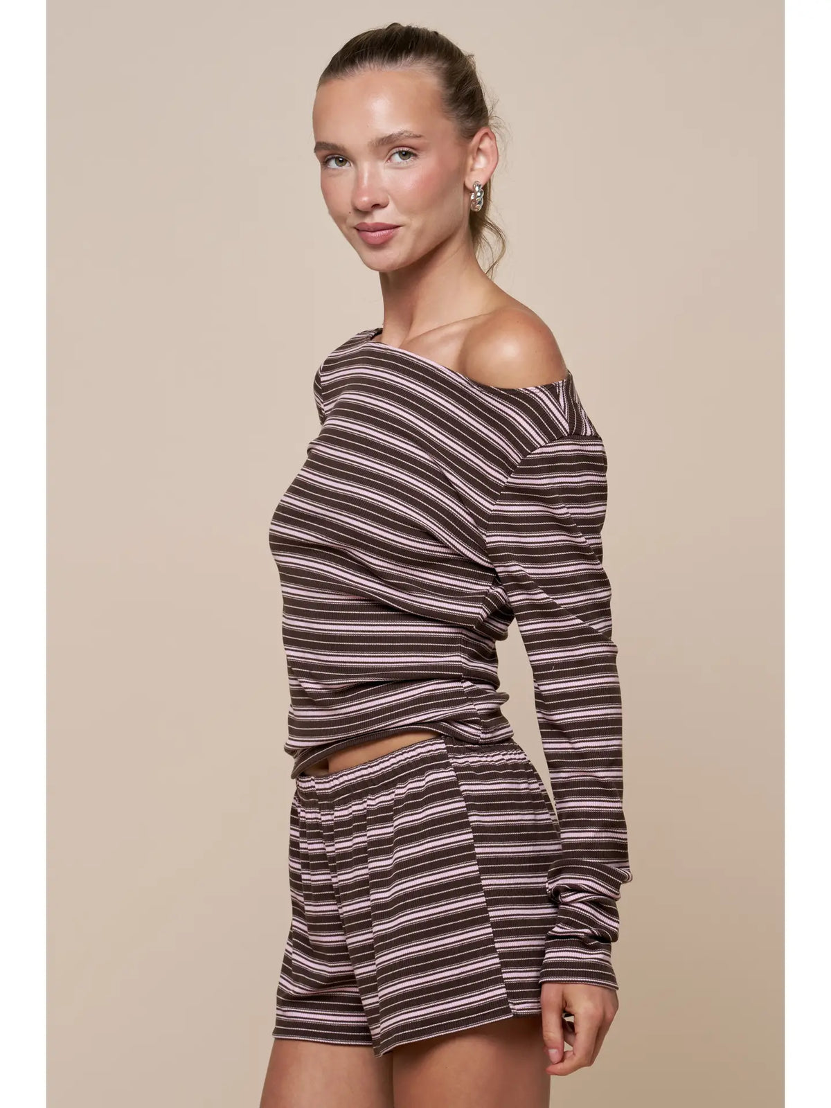 Alicia Stripe Boat Neck Top - PINK/ BROWN