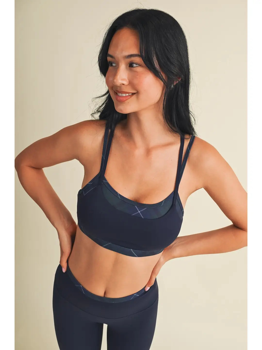 Addie Layered Sports Bra - Navy Plaid