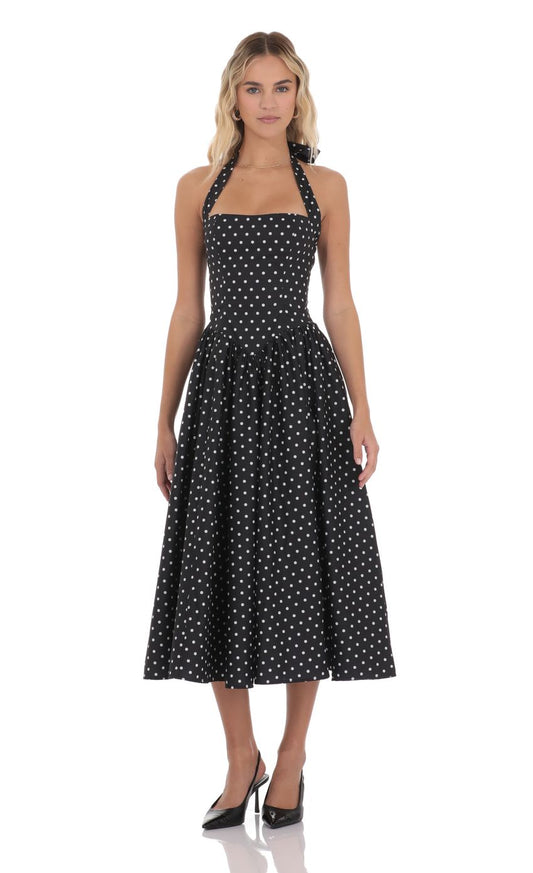 Tatum Polka Dot Halter Midi Dress - Black